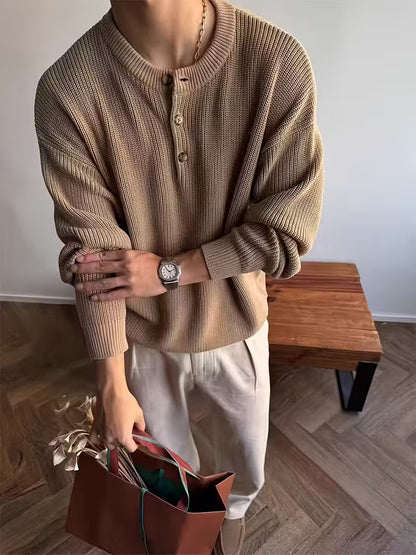 Men's Ribbed Knit Sweater with Button Placket