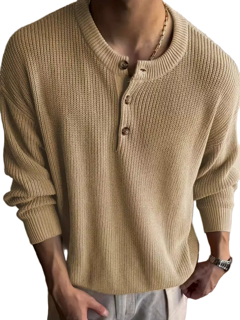 Men's Ribbed Knit Sweater with Button Placket