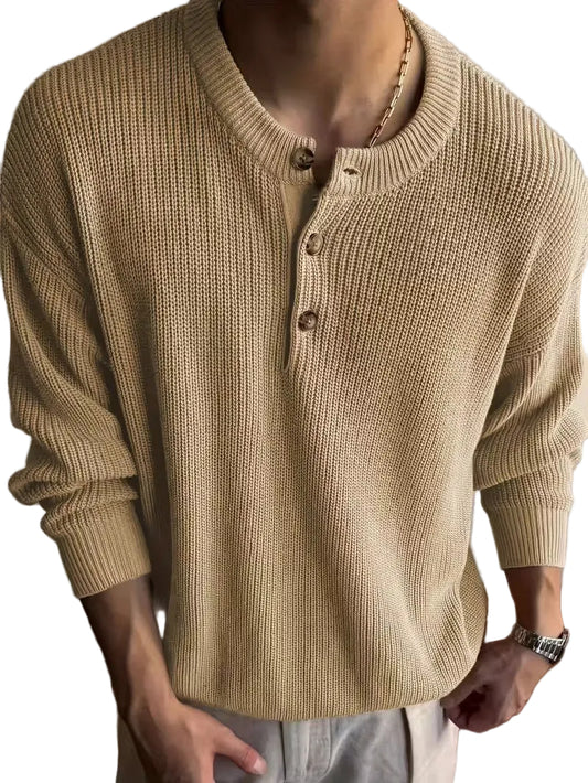 Men's Ribbed Knit Sweater with Button Placket