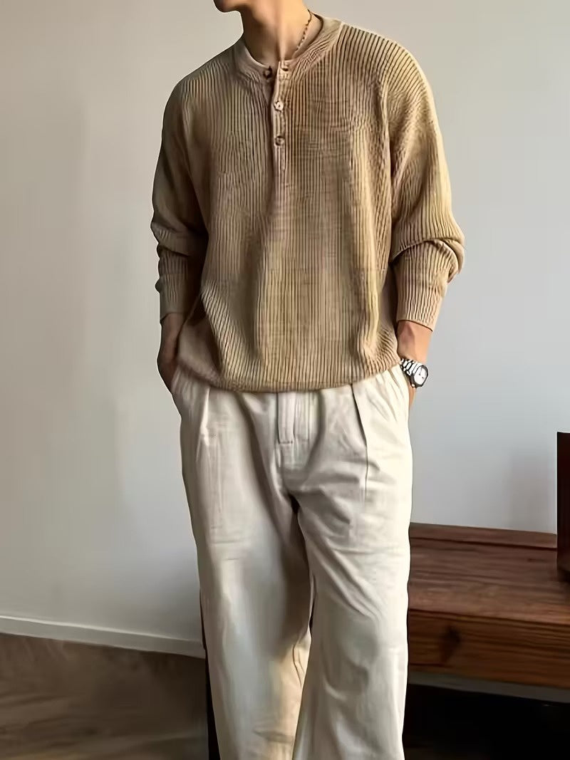Men's Ribbed Knit Sweater with Button Placket