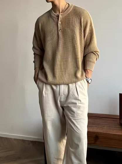 Men's Ribbed Knit Sweater with Button Placket