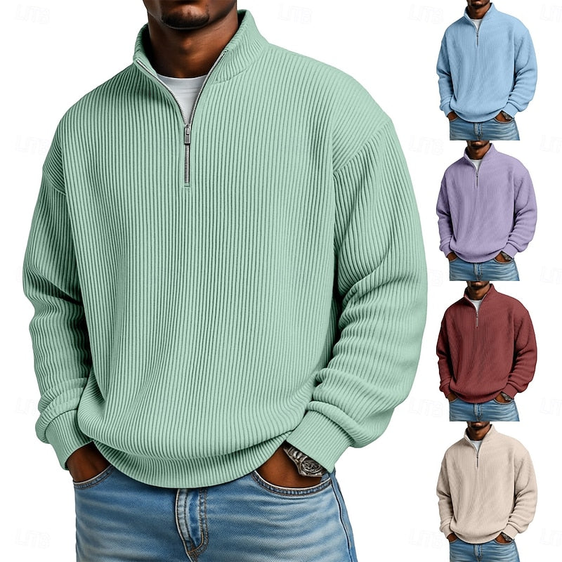 Men's Ribbed Quarter-Zip Pullover with Stand Collar