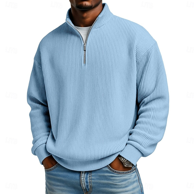 Men's Ribbed Quarter-Zip Pullover with Stand Collar