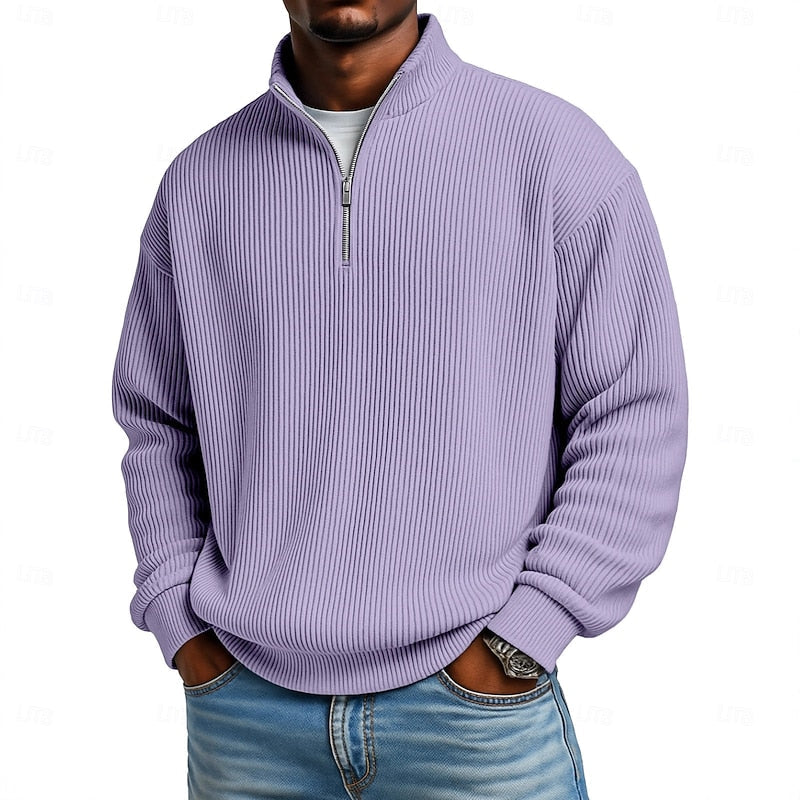 Men's Ribbed Quarter-Zip Pullover with Stand Collar