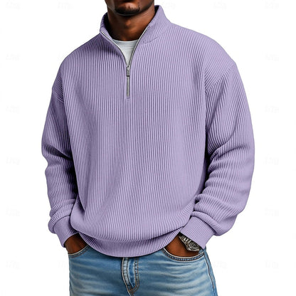 Men's Ribbed Quarter-Zip Pullover with Stand Collar