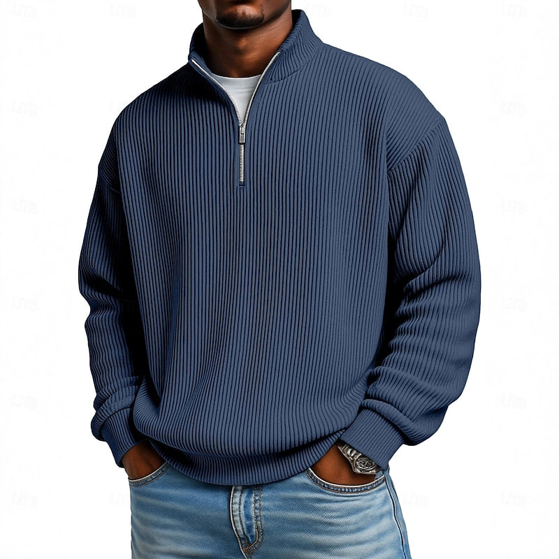 Men's Ribbed Quarter-Zip Pullover with Stand Collar