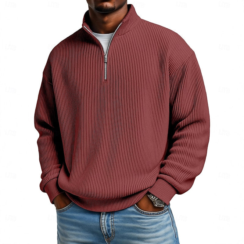 Men's Ribbed Quarter-Zip Pullover with Stand Collar
