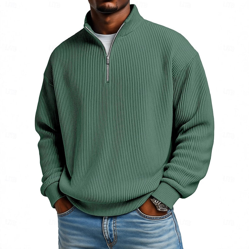 Men's Ribbed Quarter-Zip Pullover with Stand Collar