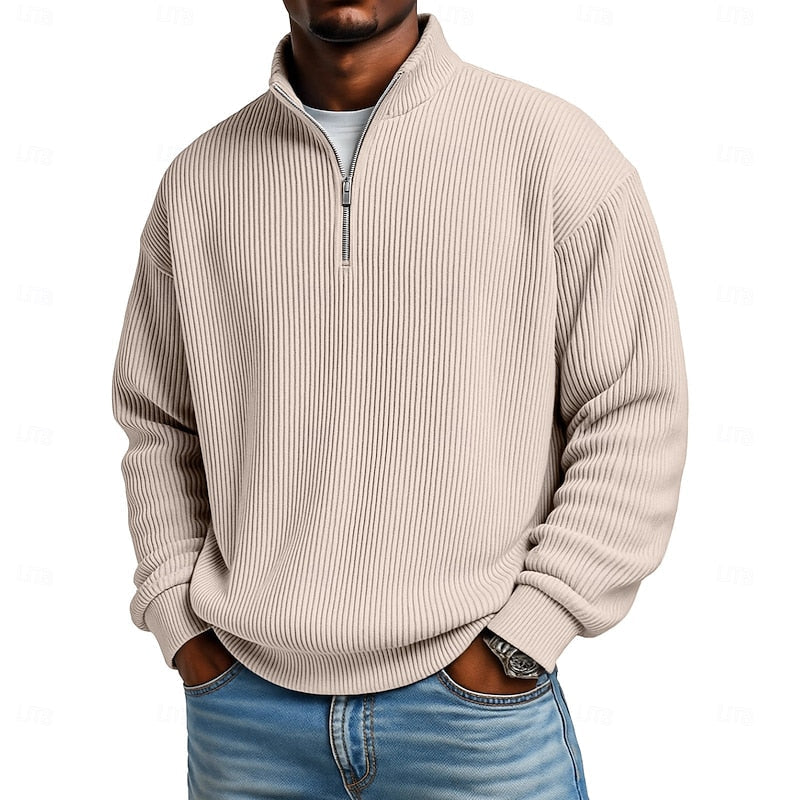 Men's Ribbed Quarter-Zip Pullover with Stand Collar