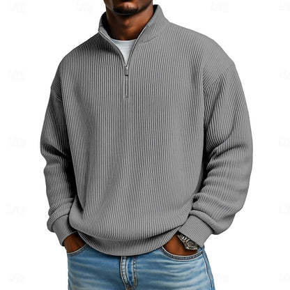 Men's Ribbed Quarter-Zip Pullover with Stand Collar