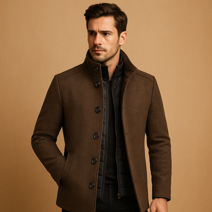 Men's Short Mandarin Collar Jacket with Single-Breasted Button Front and Side Pockets