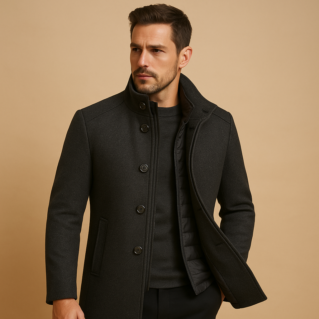 Men's Short Mandarin Collar Jacket with Single-Breasted Button Front and Side Pockets