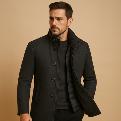 Men's Short Mandarin Collar Jacket with Single-Breasted Button Front and Side Pockets