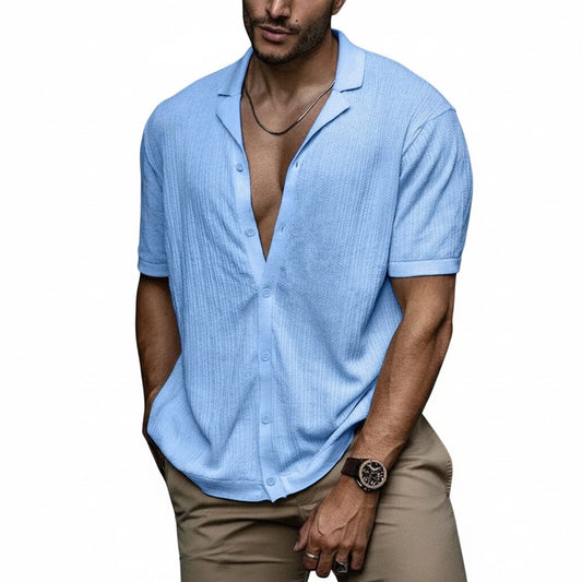 Men's Short Sleeve Button-Down Shirt with Camp Collar and Textured Weave