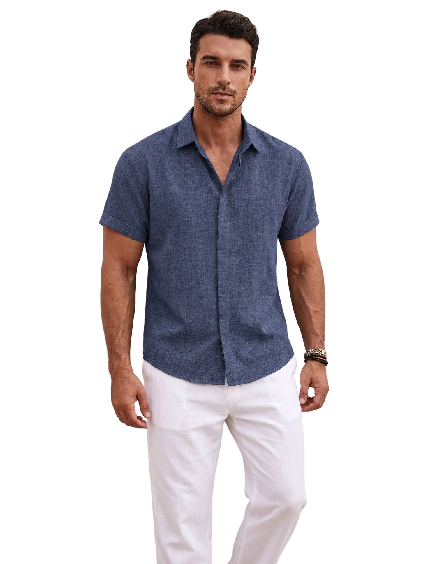 Men's Short Sleeve Button-Down Shirt with Point Collar