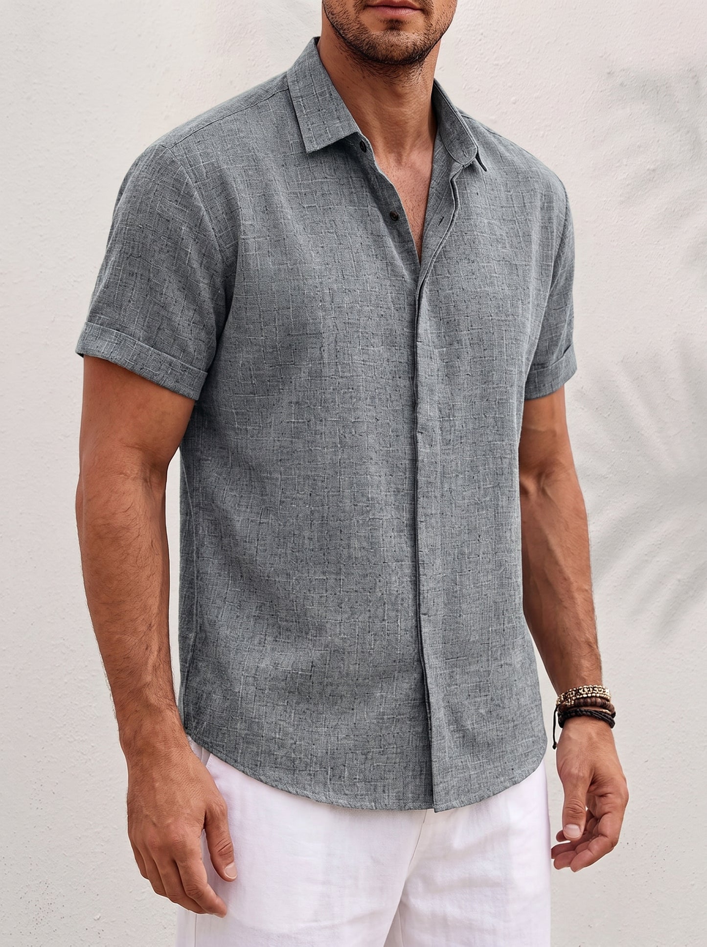 Men's Short Sleeve Button-Down Shirt with Point Collar