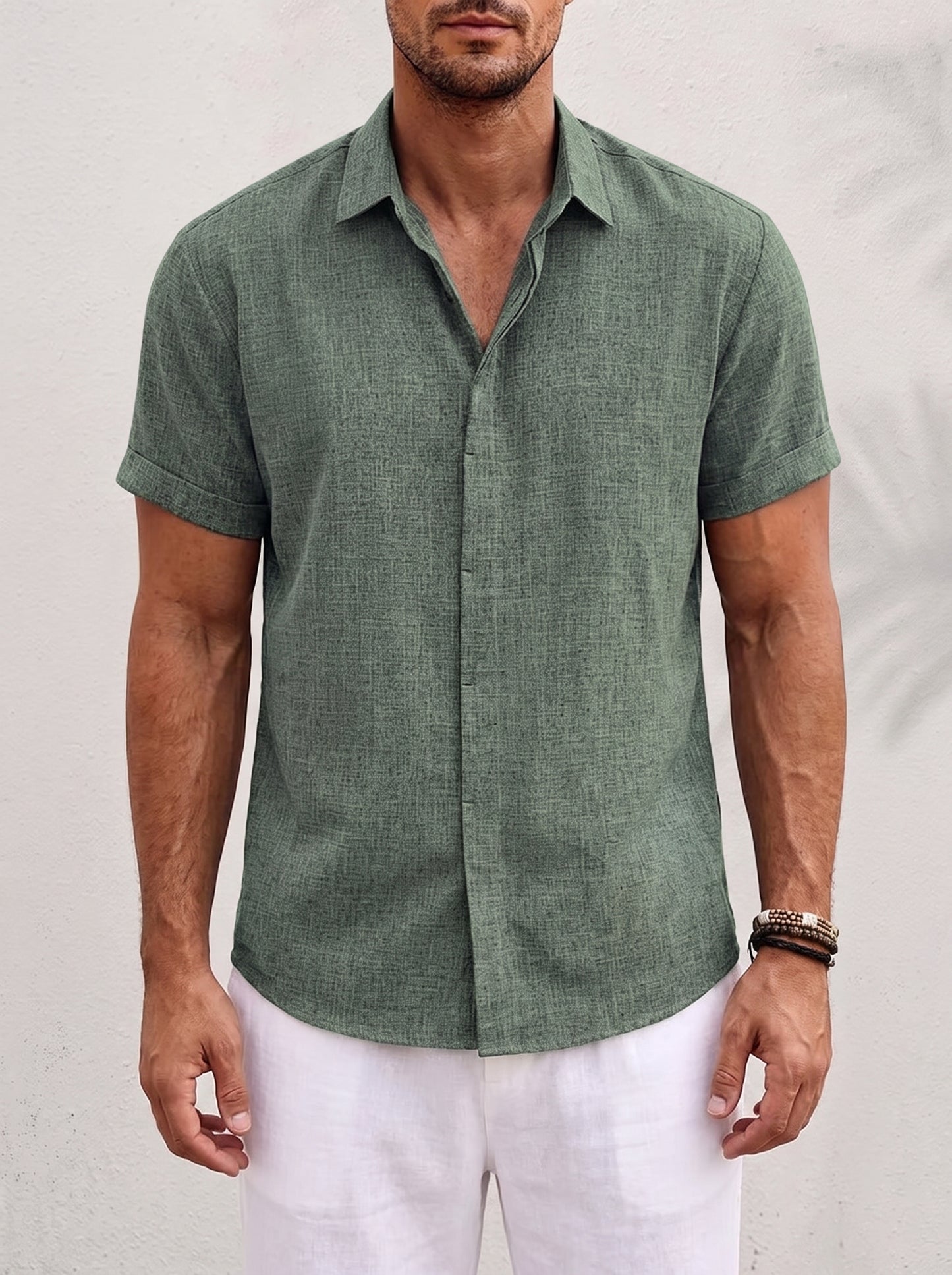 Men's Short Sleeve Button-Down Shirt with Point Collar