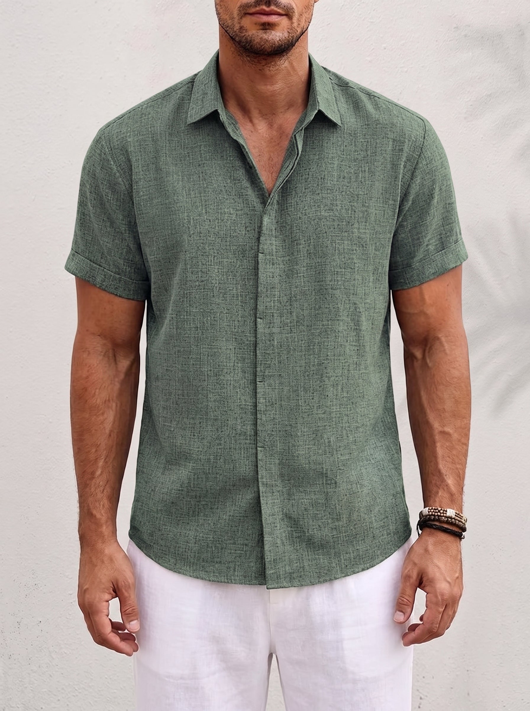 Men's Short Sleeve Button-Down Shirt with Point Collar
