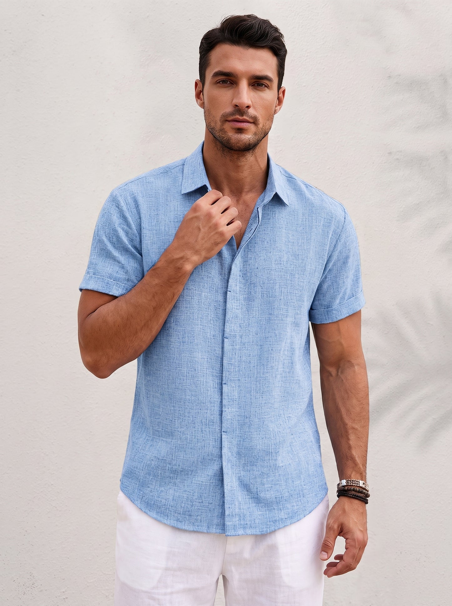 Men's Short Sleeve Button-Down Shirt with Point Collar