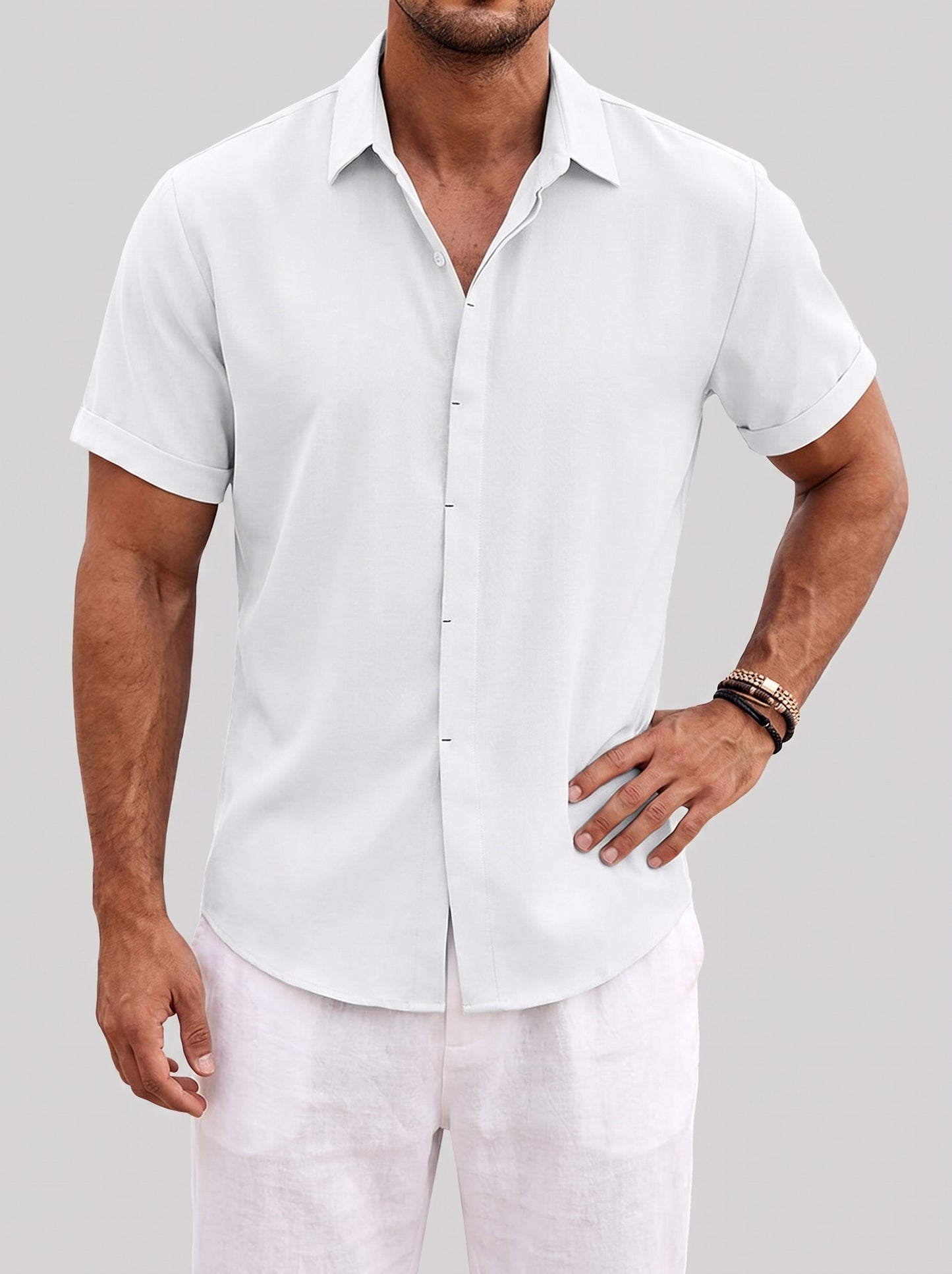Men's Short Sleeve Button-Down Shirt with Point Collar