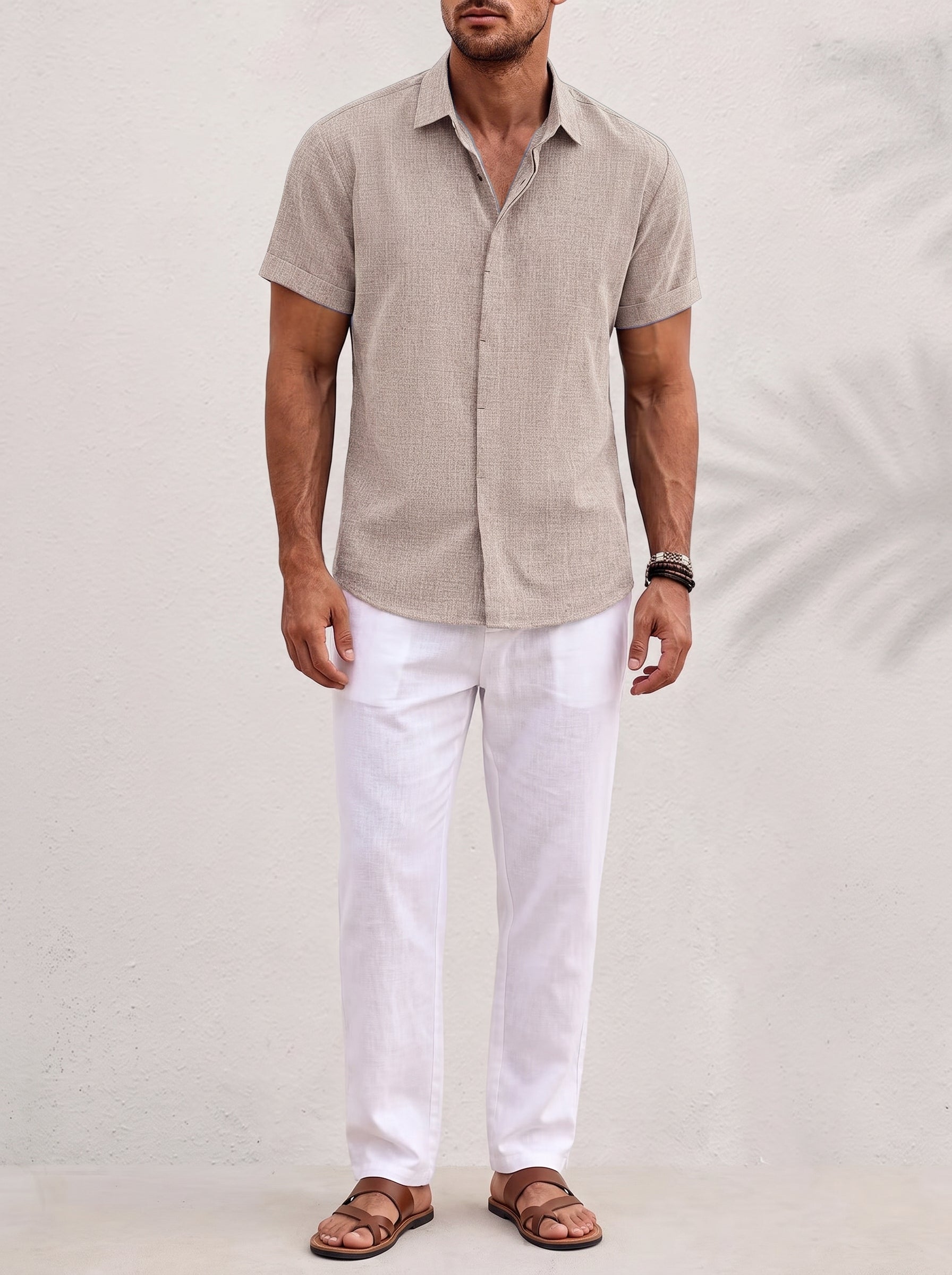 Men's Short Sleeve Button-Down Shirt with Point Collar