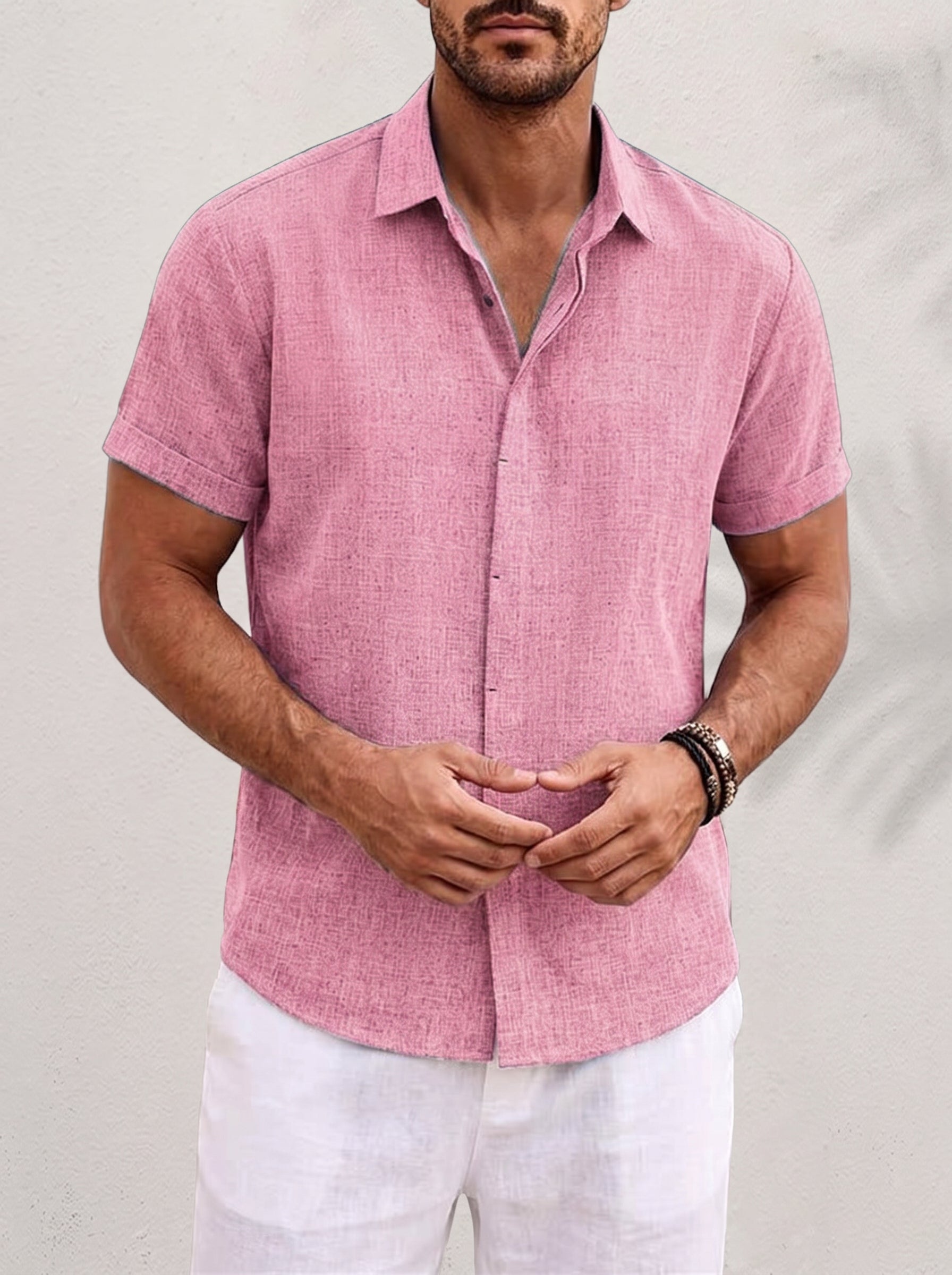 Men's Short Sleeve Button-Down Shirt with Point Collar