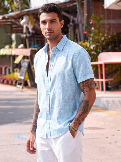 Men's Short Sleeve Button-Up Shirt with Spread Collar