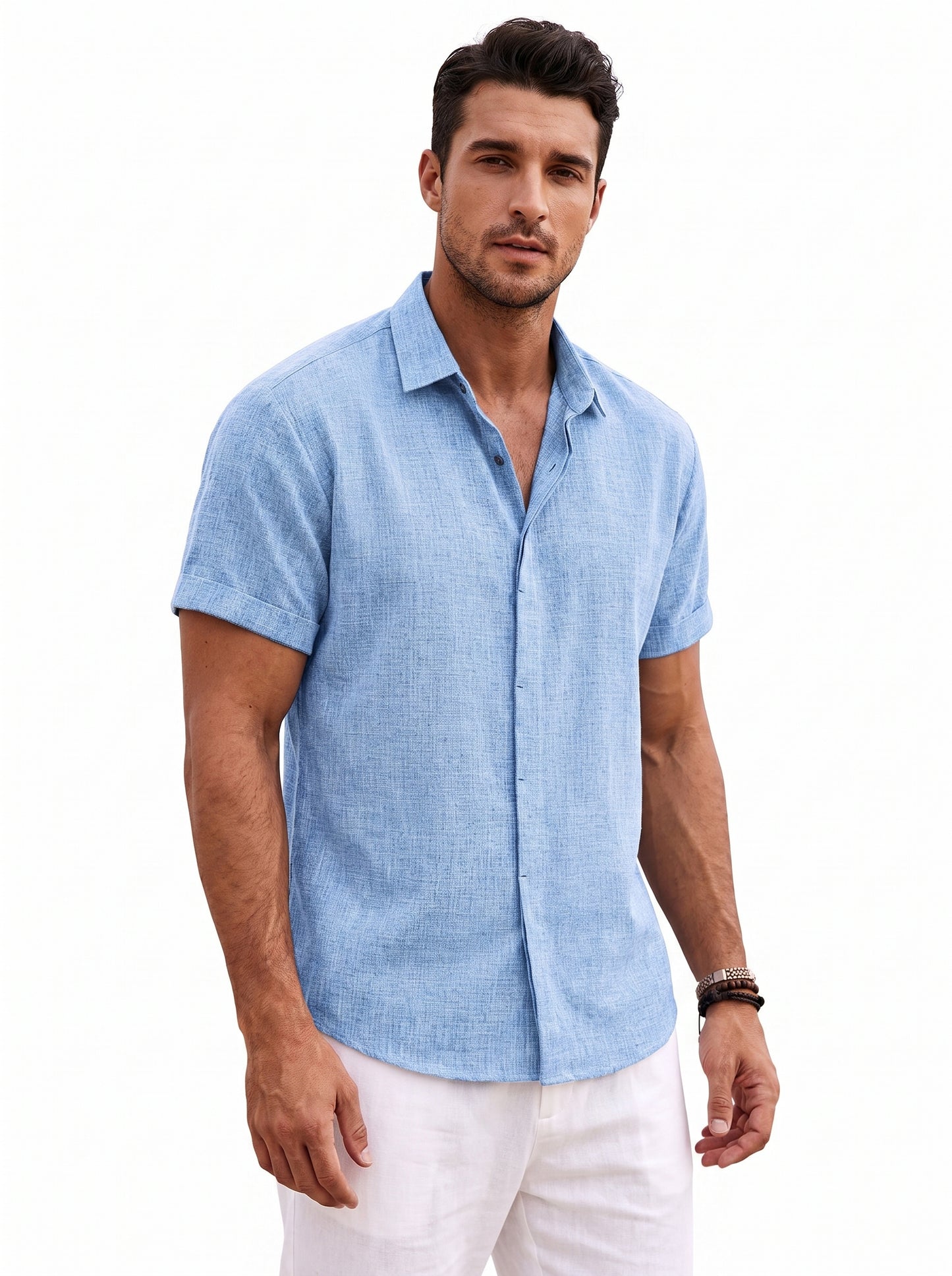 Men's Short Sleeve Button-Up Shirt with Spread Collar