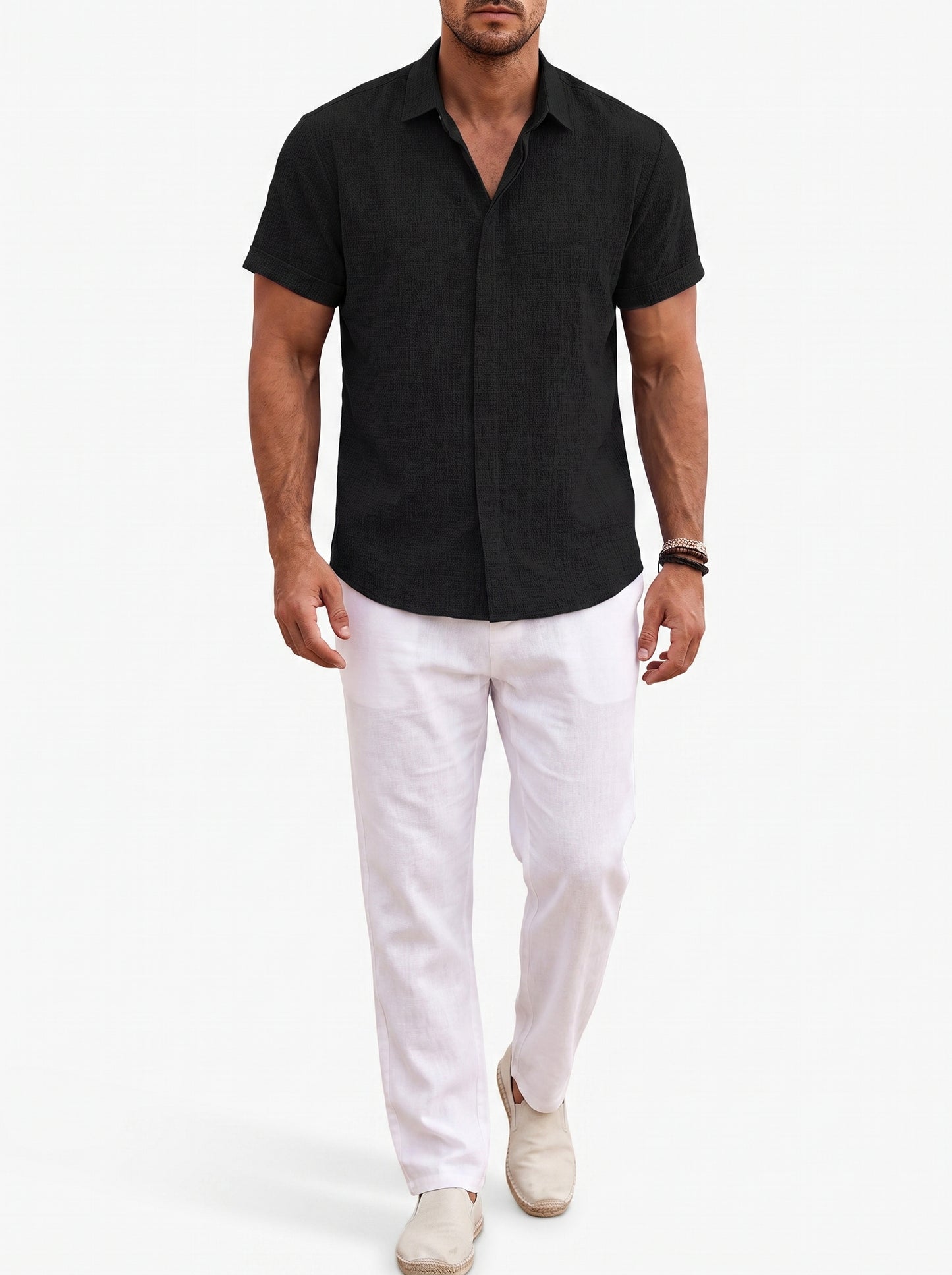 Men's Short Sleeve Button-Up Shirt with Spread Collar
