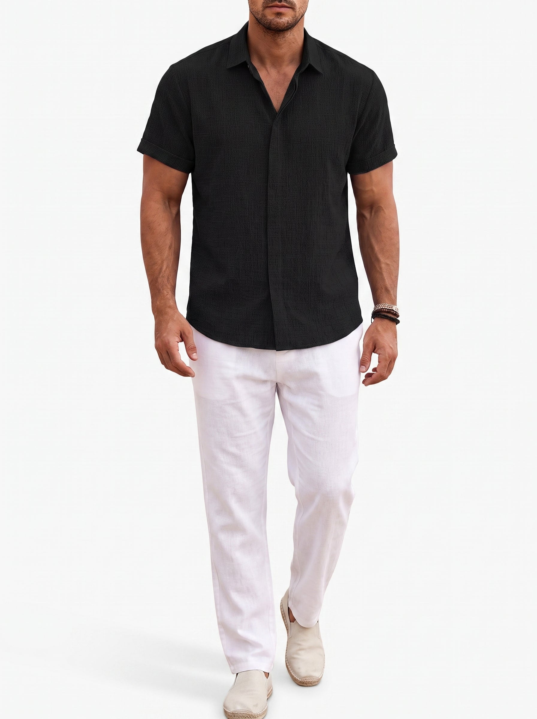 Men's Short Sleeve Button-Up Shirt with Spread Collar