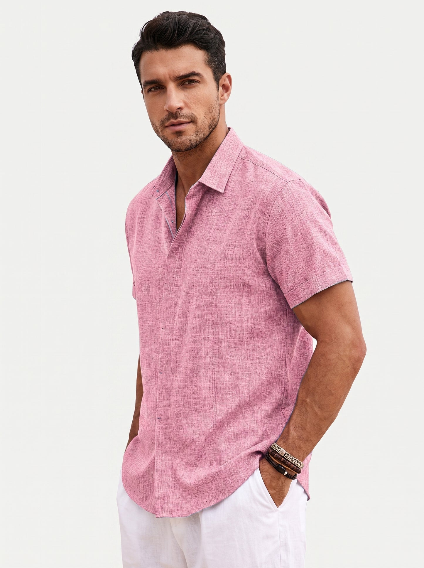 Men's Short Sleeve Button-Up Shirt with Spread Collar