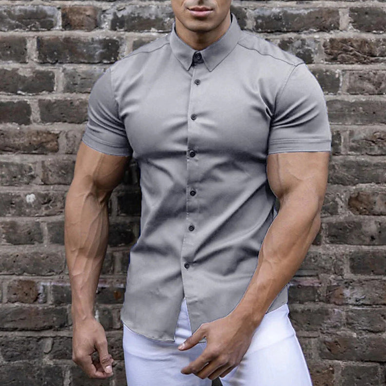 Men's Short Sleeve Button-Up Shirt with Spread Collar