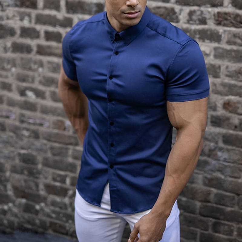 Men's Short Sleeve Button-Up Shirt with Spread Collar