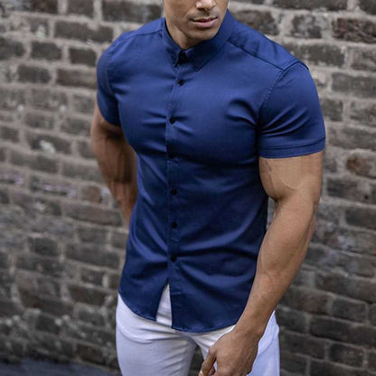 Men's Short Sleeve Button-Up Shirt with Spread Collar
