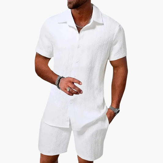Men's Short Sleeve Shirt and Shorts Set with Button-down Collar and Textured Weave