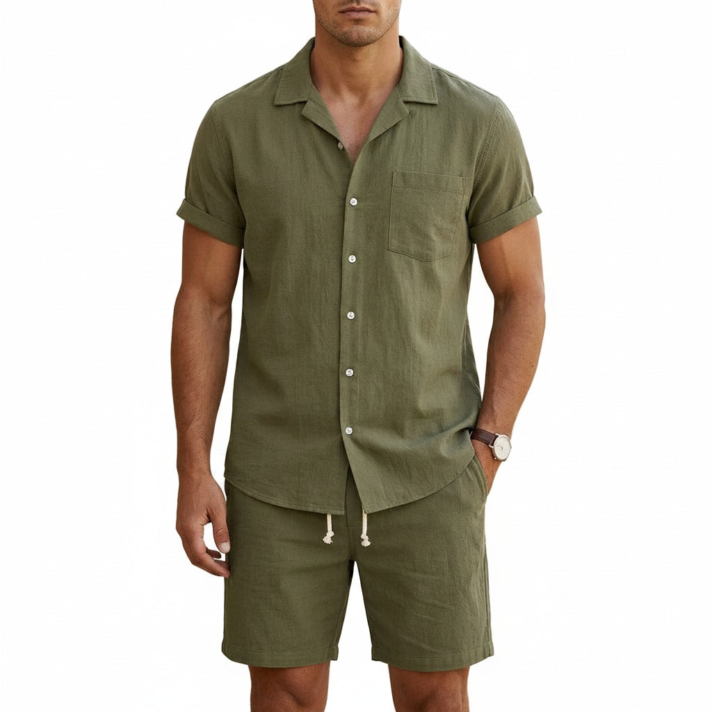 Men's Short Sleeve Shirt and Shorts Set with Camp Collar and Drawstring