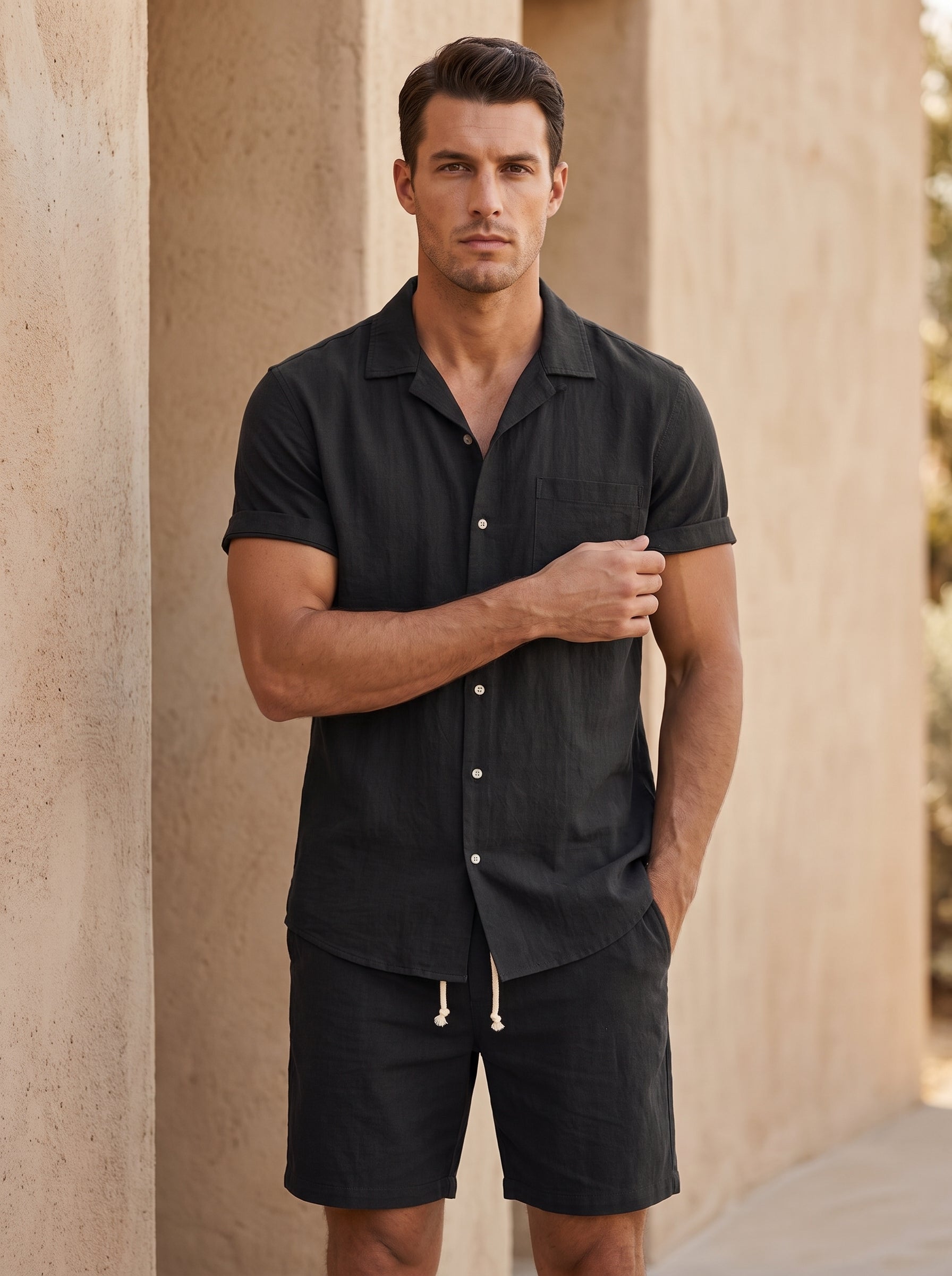 Men's Short Sleeve Shirt and Shorts Set with Camp Collar and Drawstring