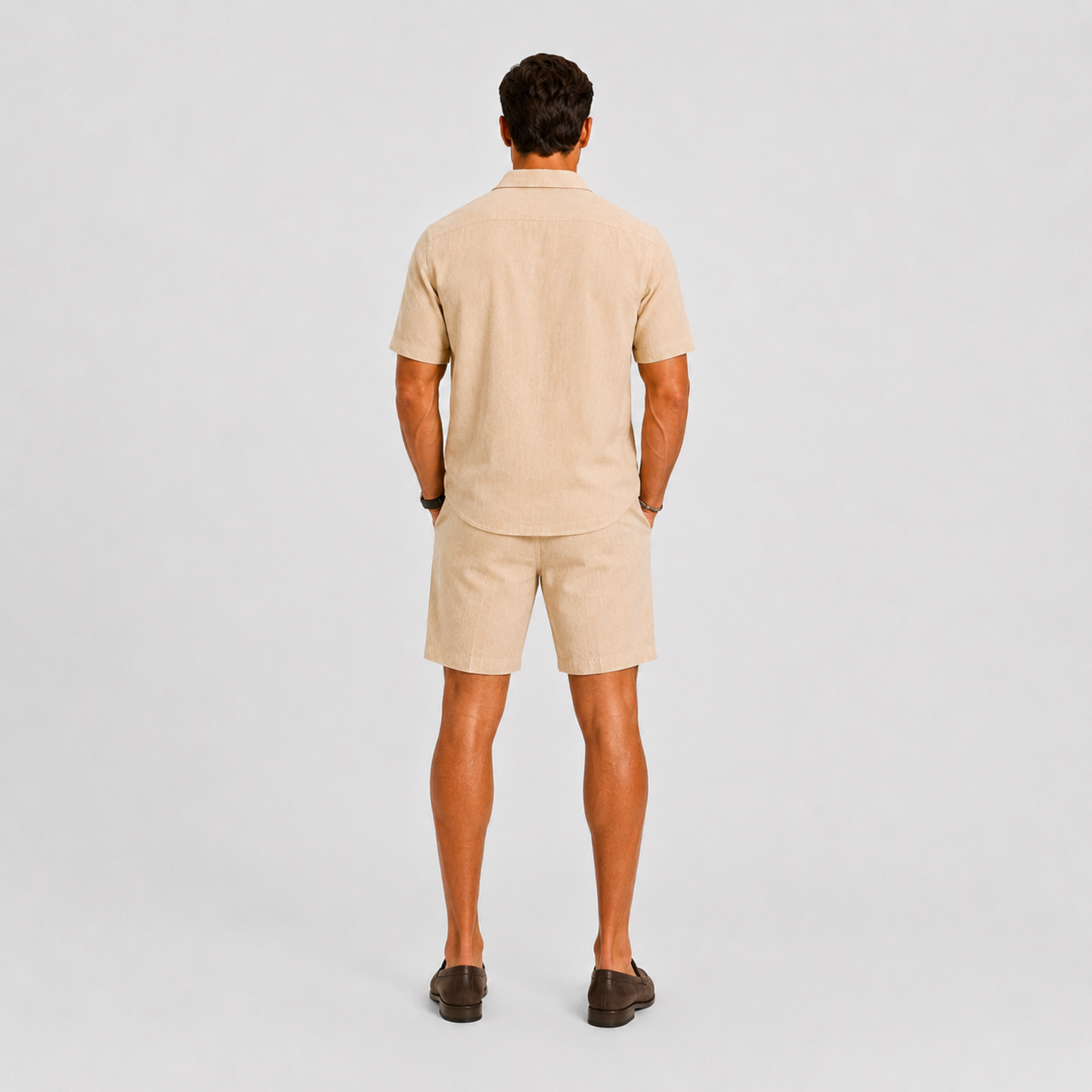 Men's Short Sleeve Shirt and Shorts Set with Camp Collar and Drawstring Waist