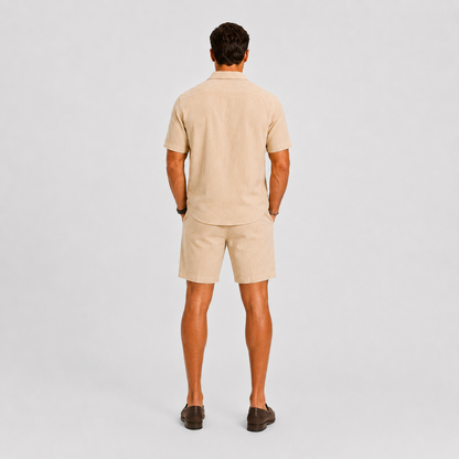 Men's Short Sleeve Shirt and Shorts Set with Camp Collar and Drawstring Waist