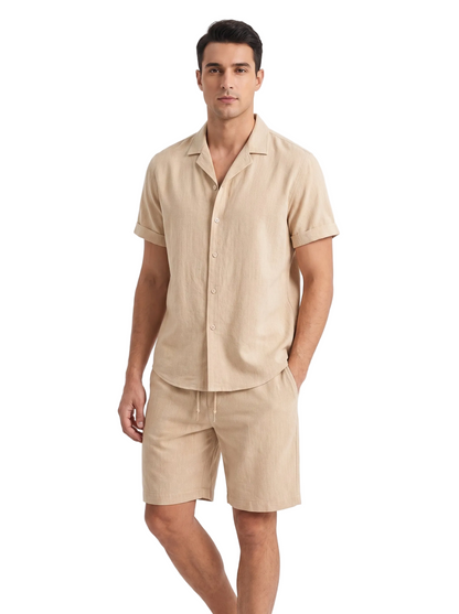 Men's Short Sleeve Shirt and Shorts Set with Camp Collar and Drawstring Waist