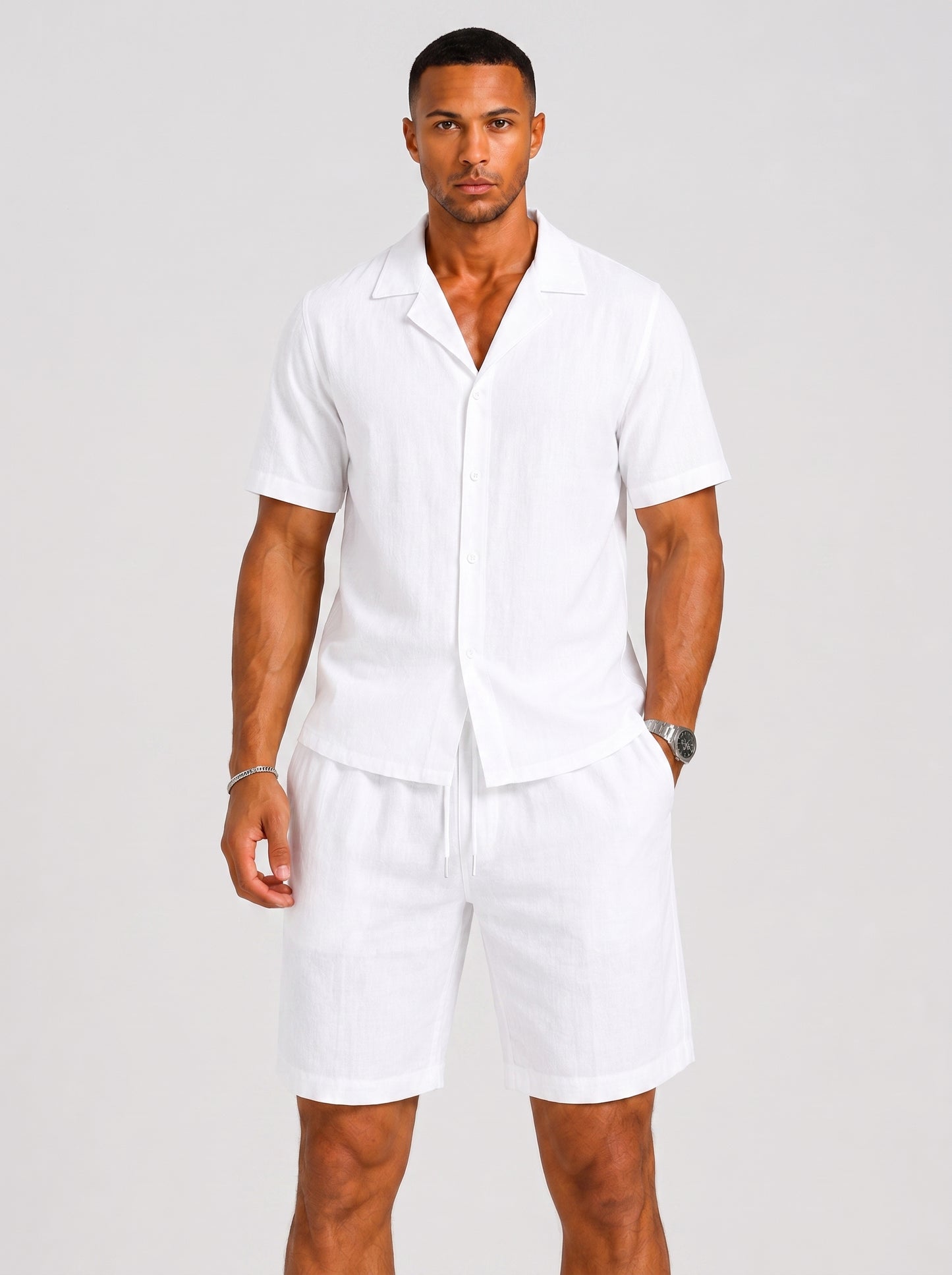 Men's Short Sleeve Shirt and Shorts Set with Camp Collar and Drawstring Waist