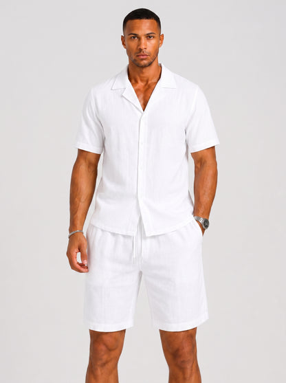 Men's Short Sleeve Shirt and Shorts Set with Camp Collar and Drawstring Waist