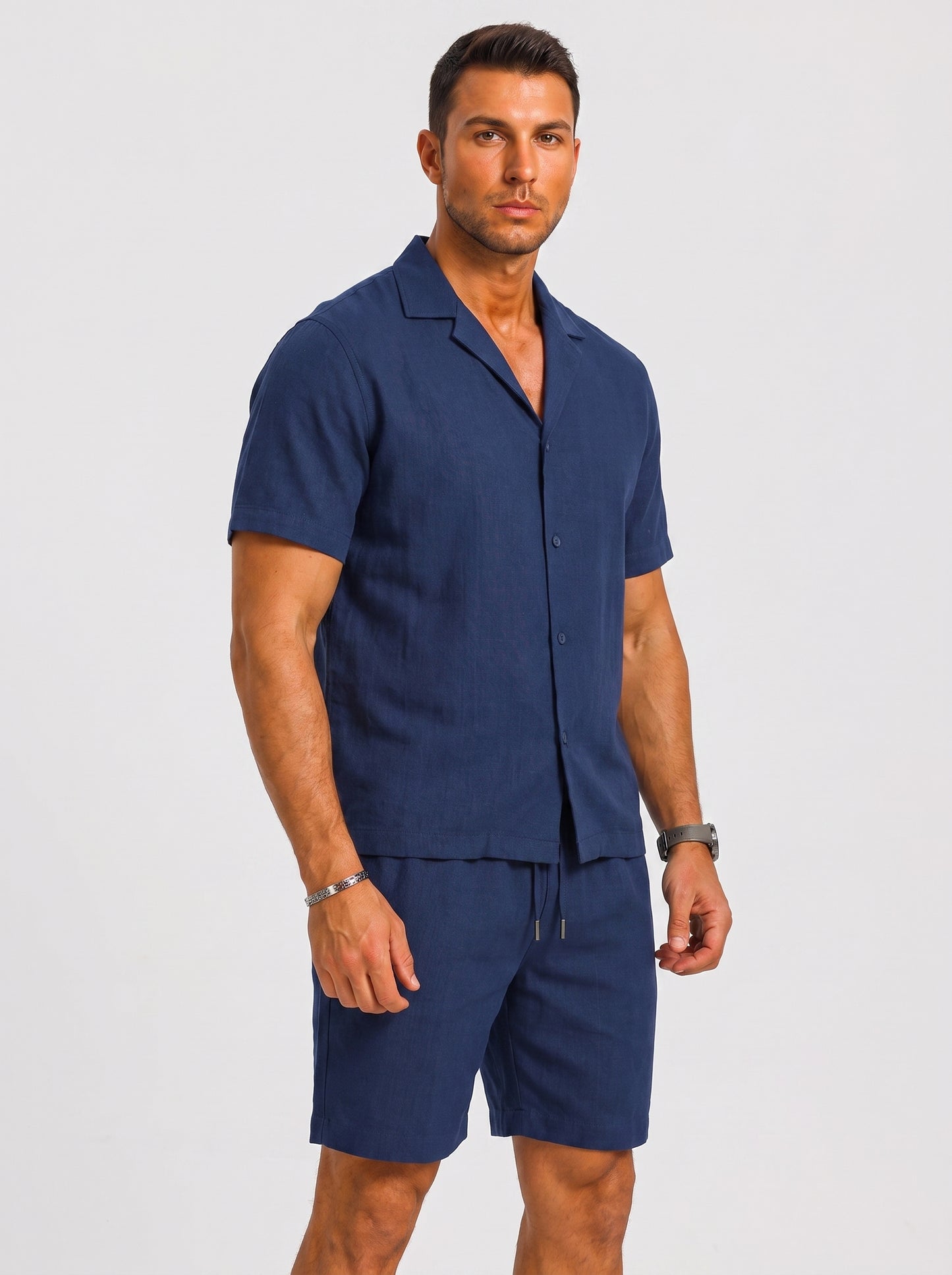 Men's Short Sleeve Shirt and Shorts Set with Camp Collar and Drawstring Waist