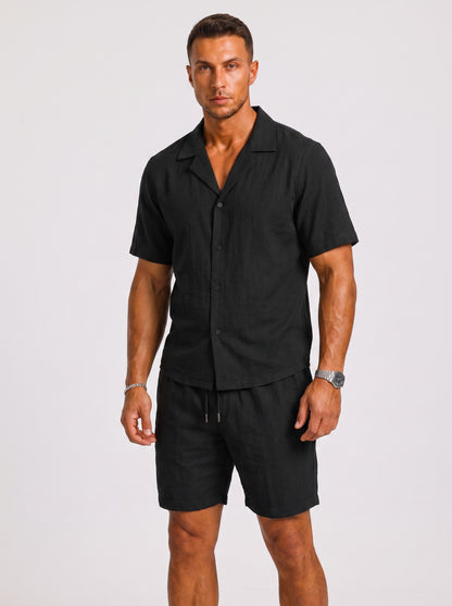 Men's Short Sleeve Shirt and Shorts Set with Camp Collar and Drawstring Waist