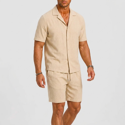 Men's Short Sleeve Shirt and Shorts Set with Camp Collar and Drawstring Waist