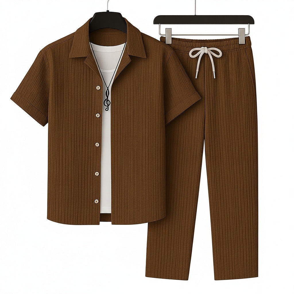Men's Short Sleeve Shirt and Trouser Set with Drawstring Waist and Open Collar
