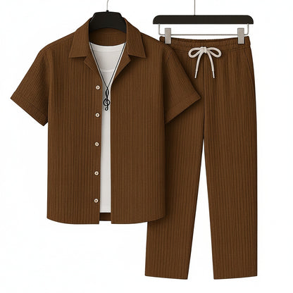 Men's Short Sleeve Shirt and Trouser Set with Drawstring Waist and Open Collar