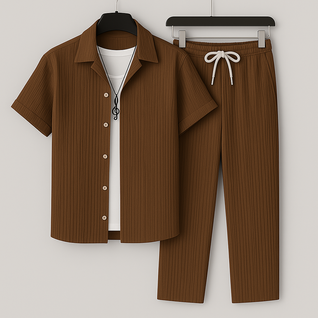 Men's Short Sleeve Shirt and Trouser Set with Drawstring Waist and Open Collar
