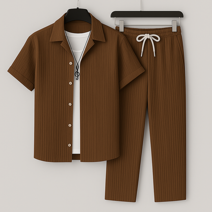 Men's Short Sleeve Shirt and Trouser Set with Drawstring Waist and Open Collar
