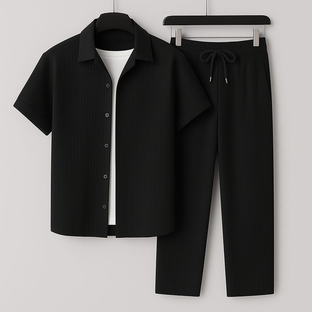Men's Short Sleeve Shirt and Trouser Set with Drawstring Waist and Open Collar